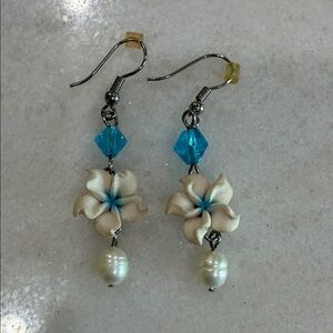 Handmade Cream & Blue Flower Drop Earrings with Pearl Accent